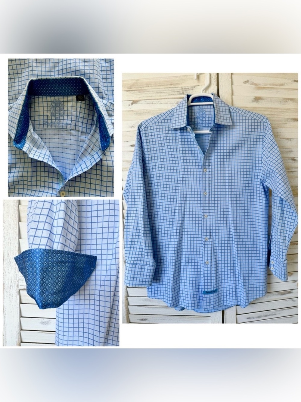 English Laundry Plaid Blue Flip Cuff Button-front Shirts‎ for Men Medium